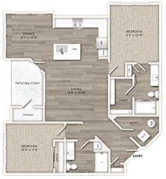 A floor plan of a home with a dining area, two bedrooms, a patio, a storage area, a closet, a utility space, and an entry way.