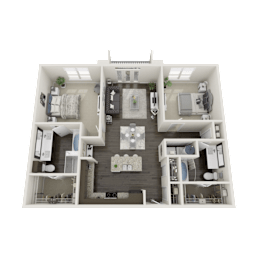 A 3D floor plan of a house with a kitchen, living room, and two bedrooms.