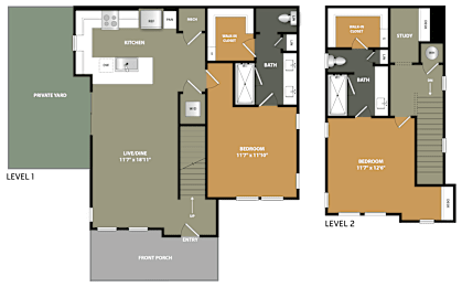 A floor plan of a two-level home with labeled rooms and dimensions.