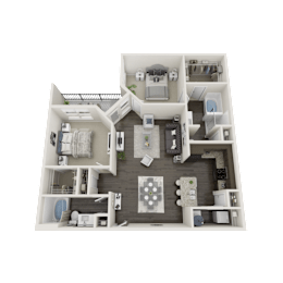 A 3D floor plan of a house layout.
