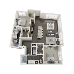 A 3D rendered image of a house layout.