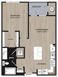 A floor plan of a home with a bedroom, living/dining area, bathroom, kitchen, and closet.
