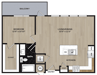 A floor plan of a home showing a bedroom, bathroom, closet, kitchen, and living/dining area.
