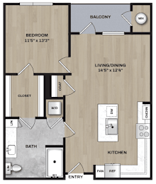 A floor plan of an apartment with a bedroom, bathroom, living/dining area, kitchen, and closet.