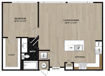 A floor plan of a small apartment with a bedroom, living/dining area, kitchen, bath, and closet.