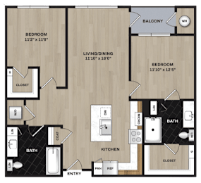 A floor plan of a home with two bedrooms, a living area, a kitchen, a bathroom, and a balcony.