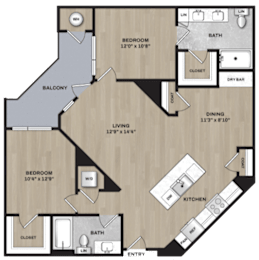 A floor plan of a house with a living room, dining room, kitchen, two bedrooms, a bath, a balcony, and a closet.