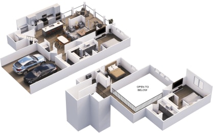 the 3 level floor plan of the house with the garage and a car