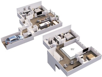 the 3d floor plan of a home is shown with several