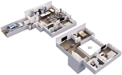 the 3d floor plan of the house shows the bedrooms and the living room