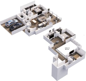 the 3 level house floor plan with garage and car parking