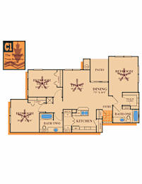 A floor plan of a home with three bedrooms and two bathrooms.