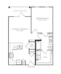 A black and white image of a floor plan for a home with a living room, dining room, bedroom, and closet.