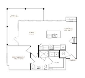 A black and white floor plan of a house with a living room, dining room, bedroom, and bathroom.
