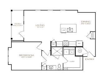 A floor plan of a house with a living room, dining room, bedroom, and bathroom.