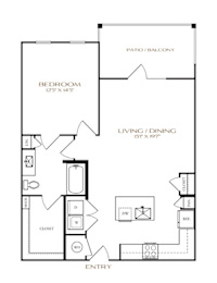 A black and white floor plan of a home with a bedroom, living/dining area, and closet.