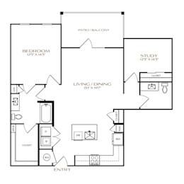 A black and white floor plan of a home with a bedroom, living room, study, and closet.