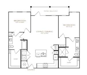 A black and white image of a house floor plan with two bedrooms, a living area, and a closet.