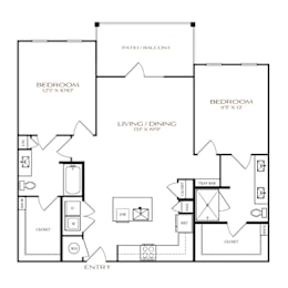 A black and white floor plan of an apartment with two bedrooms, a living area, and a patio.