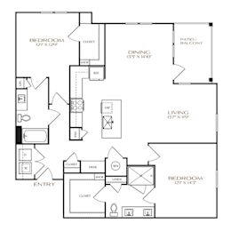 A black and white image of a house floor plan with two bedrooms, a living room, a dining room, a patio, a closet, a desk, a dresser, a pantry, a laundry room,