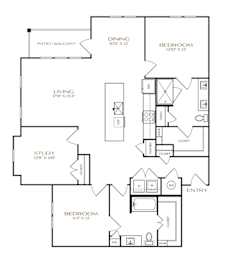 A black and white floor plan of a house with a living room, dining room, two bedrooms, a study, and a patio/balcony.