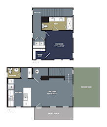 A floor plan of a two-level home with a bedroom, bath, powder room, kitchen, and living/dine area.