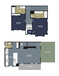 A floor plan of a two-story house with two bedrooms, a living area, a kitchen, a powder room, and a private yard.