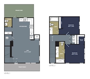 A floor plan of a two-story house with a private yard.