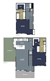 A floor plan of a two-level home with labeled rooms such as a study, bath, and kitchen.
