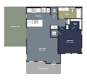 A floor plan of a house with a private yard, living room, kitchen, bath, and bedroom.