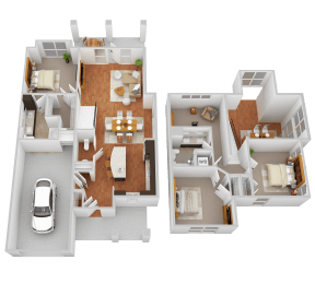 3d rendering of a floor plan of a house with a car