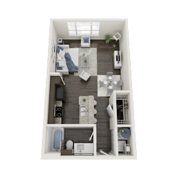 A 3D floor plan of a small apartment with a kitchen, living room, and bedroom.