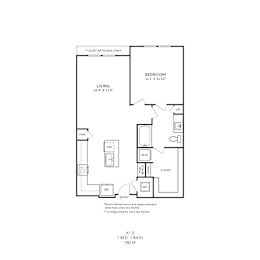 A floor plan of a one bedroom apartment.