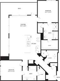 A floor plan of a house with two bedrooms, a living area, a kitchen, a bathroom, a closet, and a laundry room.