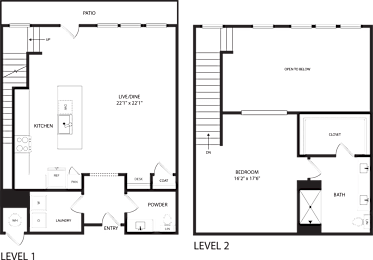 A floor plan of a two level home with a kitchen, living room and bedroom on the first level and a bathroom on the second level.