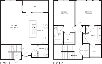 A floor plan of a two-level home with labeled rooms and dimensions.