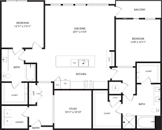 A floor plan of a house with a study, kitchen, and two bedrooms.
