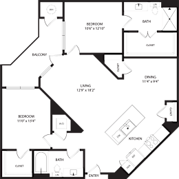 A floor plan of a house with a living room, two bedrooms, a bathroom, a dining room, a kitchen, and a balcony.