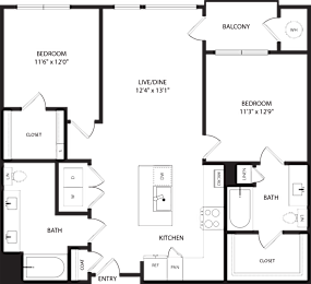 A floor plan of a house with two bedrooms, a living area, a kitchen, a bathroom, and a balcony.