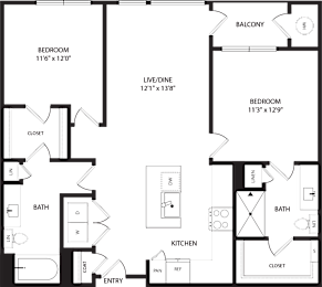A floor plan of a house with two bedrooms, a living area, a kitchen, a bathroom, and a balcony.