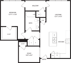 A floor plan of a house with a bedroom, bathroom, study, and kitchen.