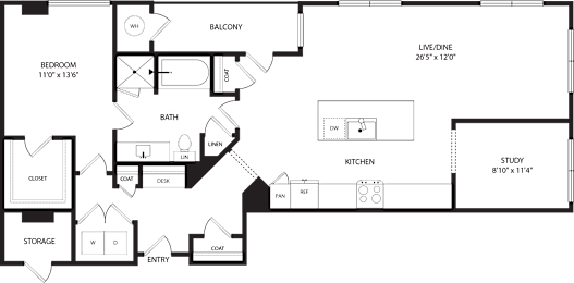 A floor plan of a house with a balcony, study, and kitchen.