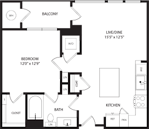 A floor plan of a house with a balcony, bedroom, bathroom, and kitchen.