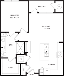 A floor plan of a house with a bedroom, bathroom, kitchen, and living/dine area.