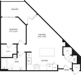 A floor plan of a house with a bedroom, bathroom, kitchen, and living room.