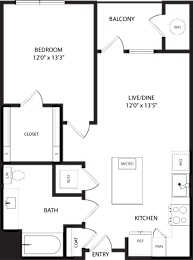 A floor plan of a house with a bedroom, bathroom, kitchen, and living/dining area.