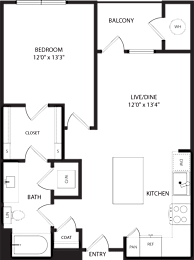 A floor plan of a home with a bedroom, bathroom, closet, and kitchen.