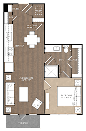 A floor plan of a house with a living room, bedroom, and kitchen.