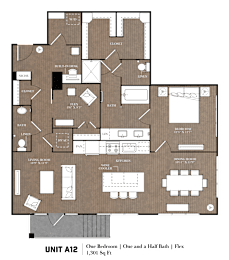 A floor plan of a one bedroom apartment with a half bath and a flexible space.