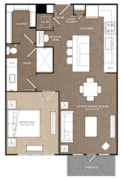 A floor plan of a house with a living room, dining room, kitchen, and bathroom.